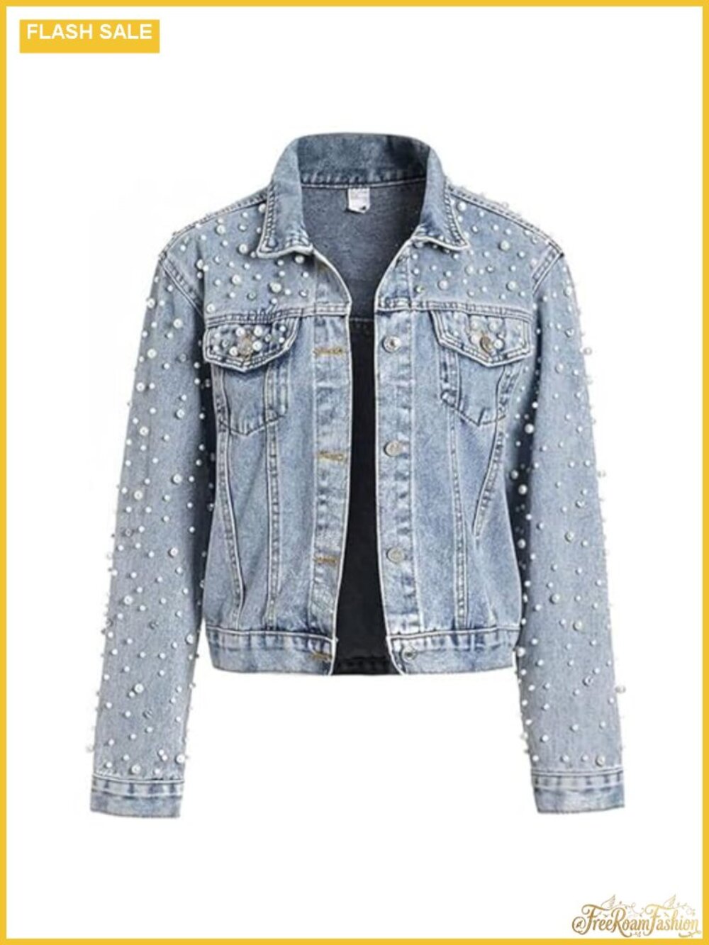 Women's Pearl Rhinestone Denim Jean Jacket Distressed Crop Coat with Leopard
